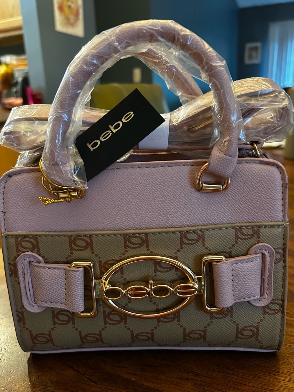 bebe Almond & Powder Pink Mini Satchel w/Gold Hardware Logo & Crossbody Strap - Picture 9 of 9